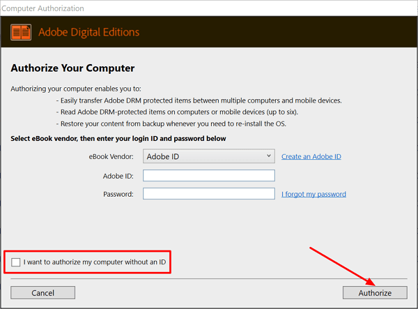 authorize your adobe digital editions without an id