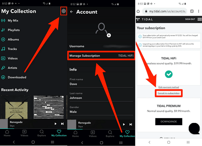 cancel tidal subscription android