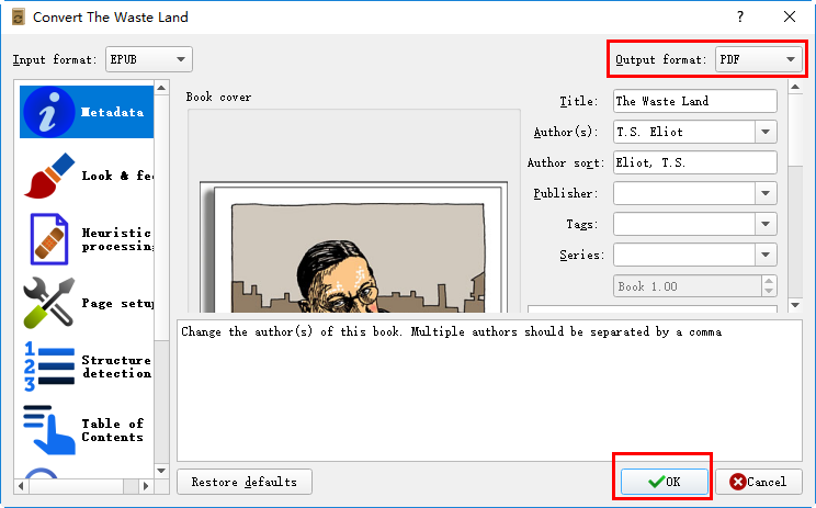 choose pdf output calibre