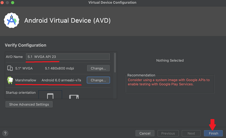 configurazione del dispositivo virtuale Android