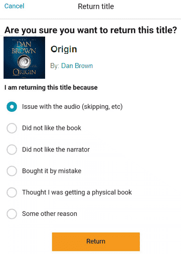 reason for returning audible book