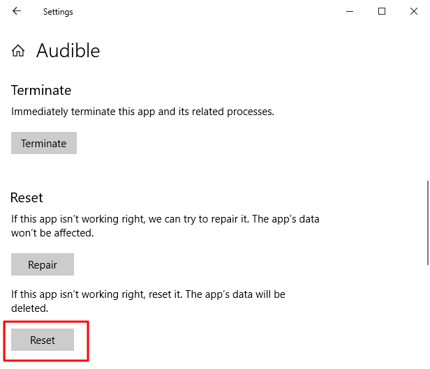 reset audible windows app