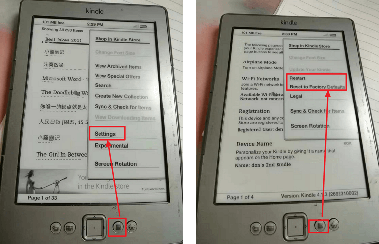 reset kindle dx